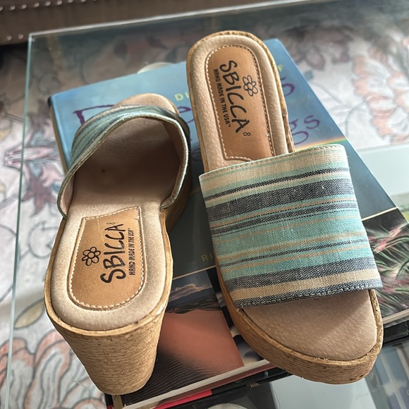 Blue and Tan Sz 8 Platform Shoes Casual Style mules wedge sandals - Picture 10 of 11